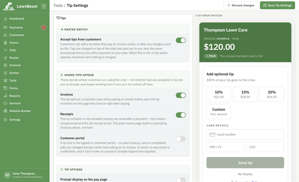 Let customers add a tip when they pay, or after the job is already paid for.