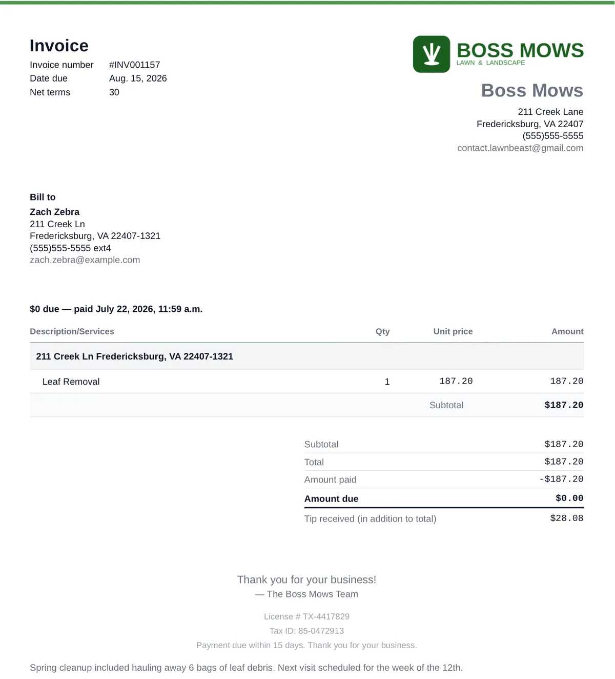 A finished invoice PDF with the contractor's logo at the top and a license number and payment terms printed at the foot